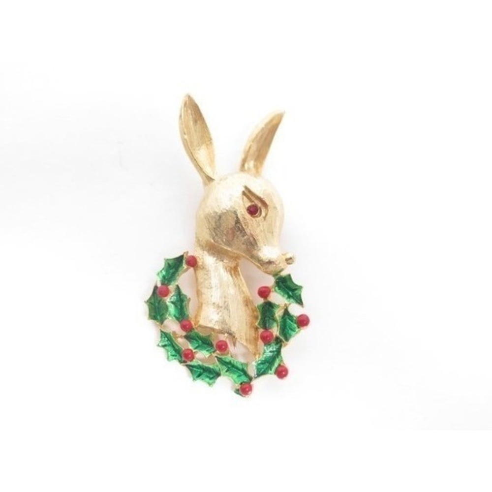 Vintage Christmas Reindeer & Holly Wreath Holiday Pin Gold Plated Enamel Brooch